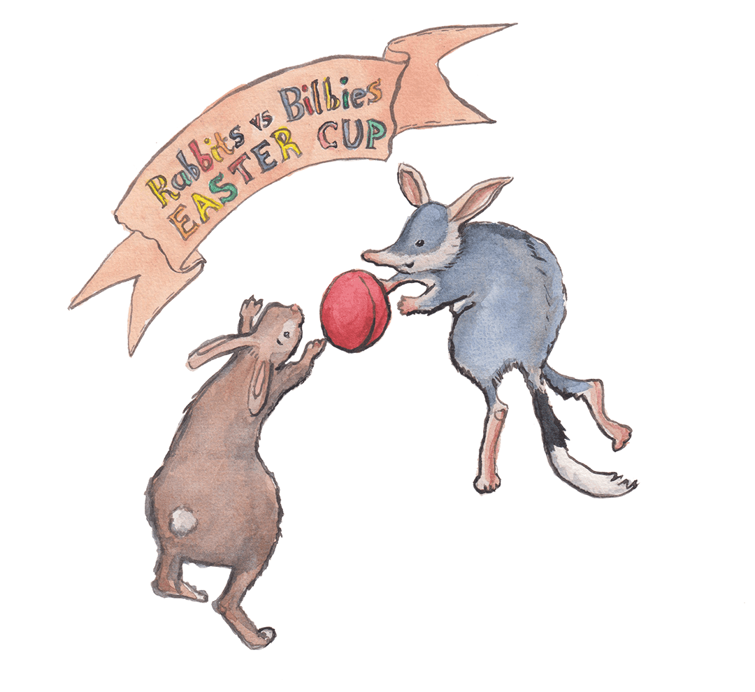 A watercolour painting of a rabbit and bilby playing AFL.