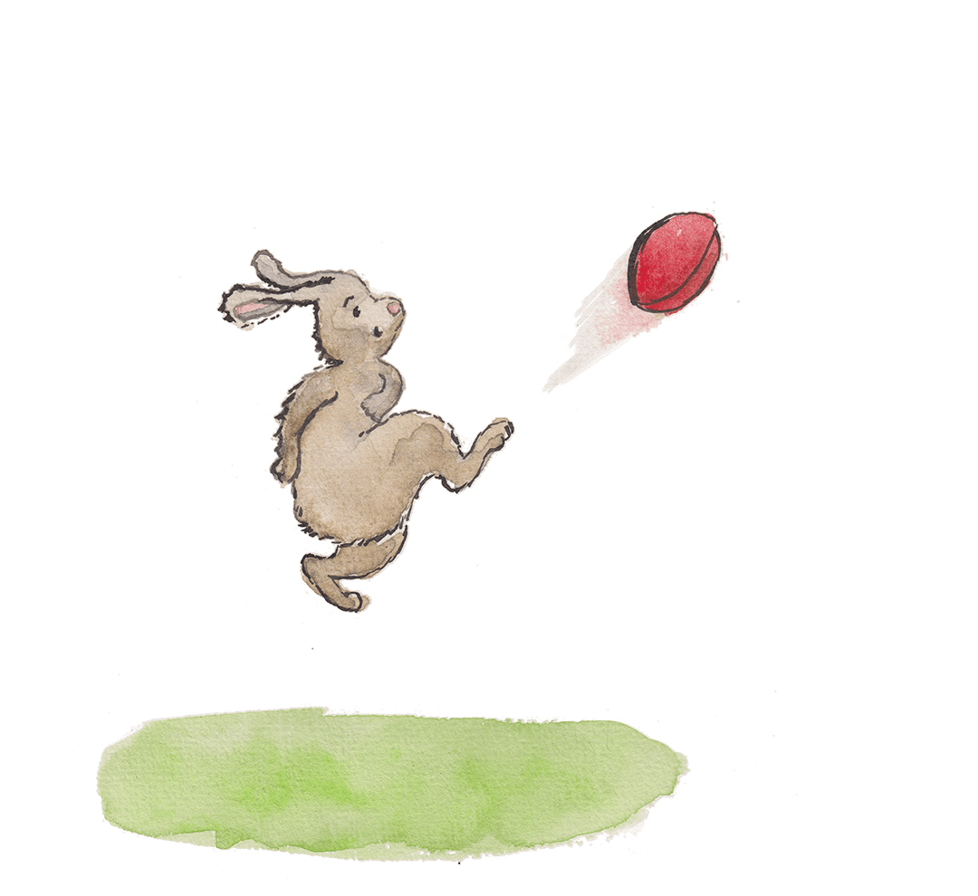 A watercolour painting of a rabbit kicking