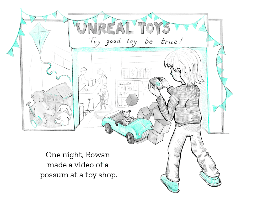 One night, Rowan made a video of a possum in a toy shop.