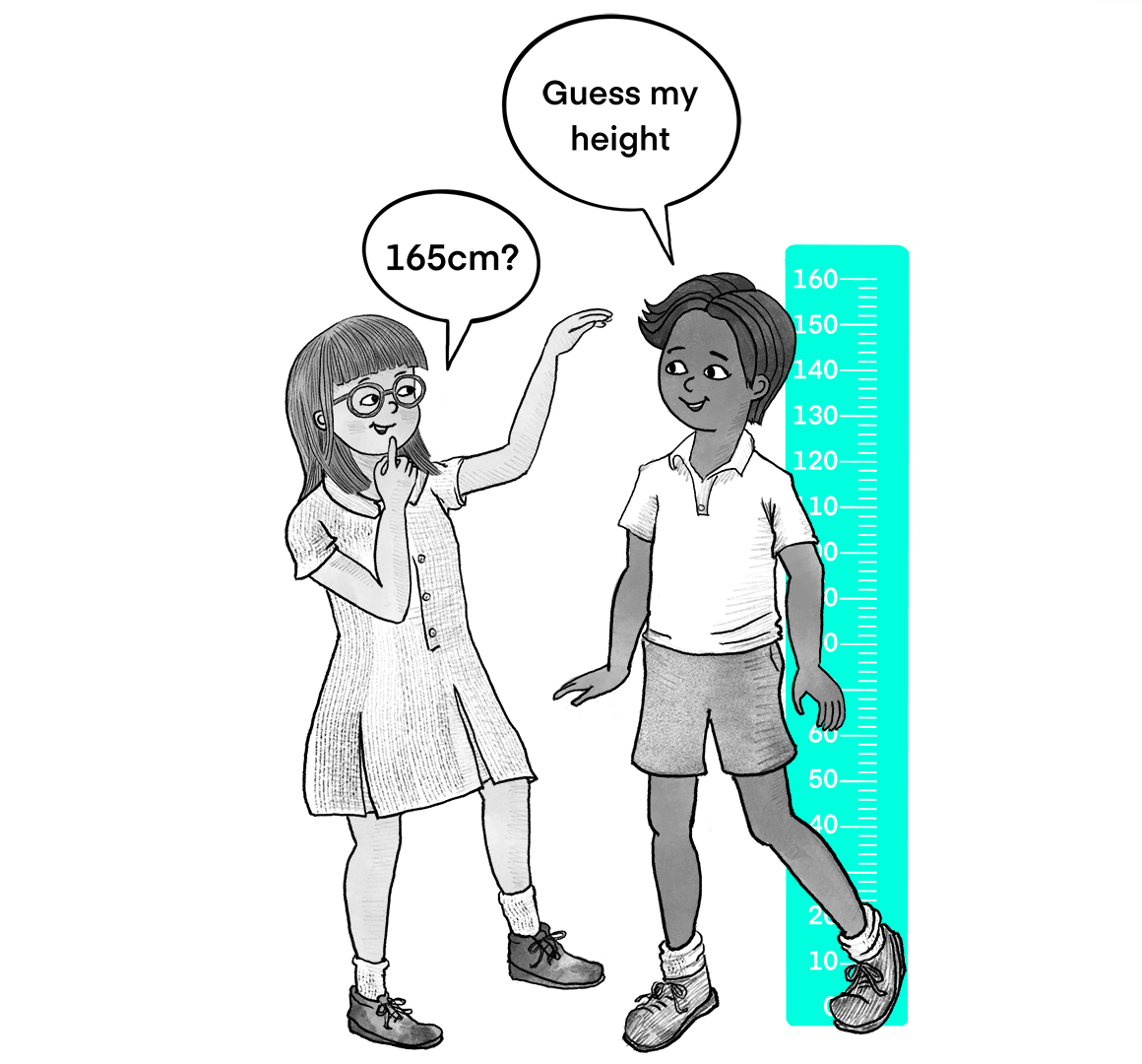 A boy says 'guess my height' and a girl replies '165cm?'
Behind there is a tape measure indicating that he is actually 160cm tall.